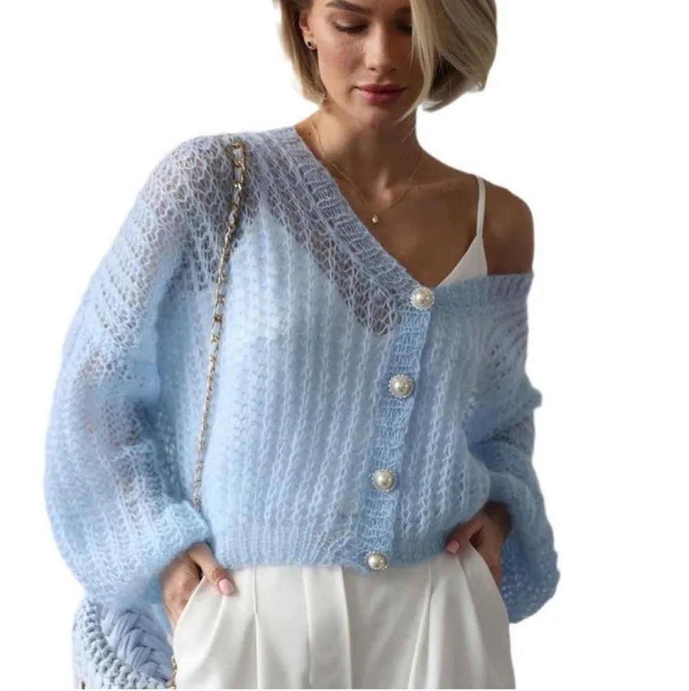 Women's  Crochet Lightweight Baby Blue Sweater Pearl Buttons (170)